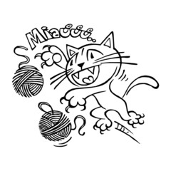 Fototapeta na wymiar Cute little kitten playing with two ball of wool and meow, black and white cartoon