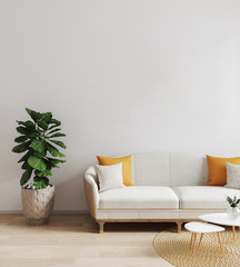 Modern living room with white sofa. Bright living room mockup. Scandinavian style, stylish, cozy living room interior. 3d render, 3d illustration 