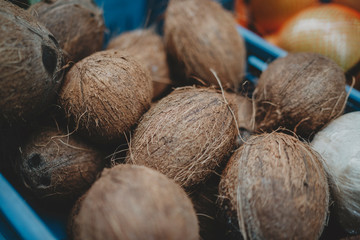 Closeup of small whole fresh brown coconuts on outdoor city market
