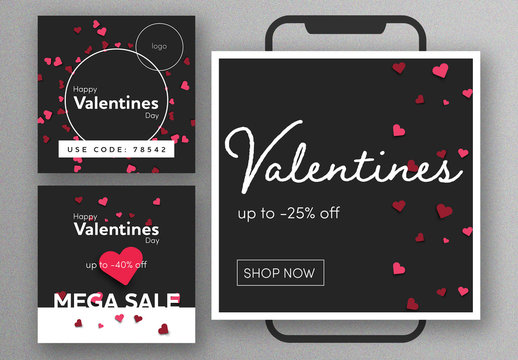 Black Valentine's Day Social Media Post Layout Set with Pink Heart Patterns