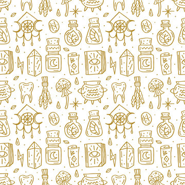 Witchcraft cute vector doodle hand drawn seamless pattern, background, texture. Isolated on white background. Different magic tools, equipment. Alchemistry, talismans, staff. Decorative element. 