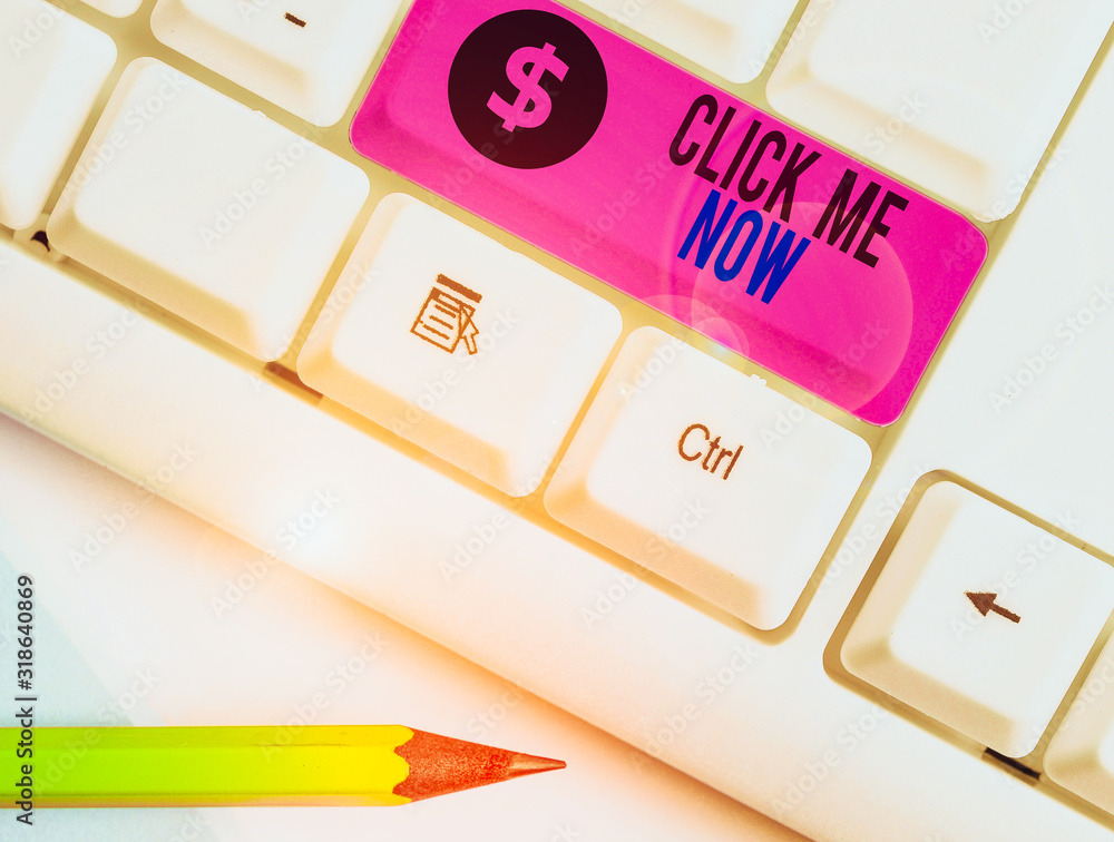 Aufkleber handwriting text writing click me now. conceptual photo internet helping desk press the button onlin