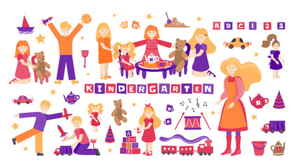 Vector set kindergarten, children play and nanny. Illustration designer for kindergarten, toy store, baby-sitter, school. Girls play with tea dolls, boys in cars, planes, rockets.