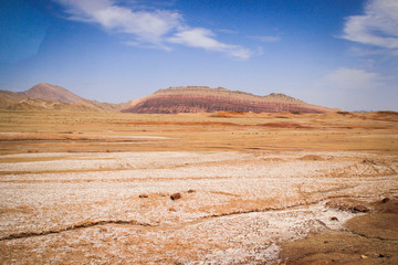 Desert landscape with rocks and geological formations on a hot summer day on the road from Kerman to Mashhad.