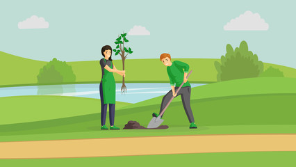 Volunteers couple planting tree color illustration. People gardening in park near river, man digging and woman holding sapling cartoon characters. Activists working outdoors, greening planet together