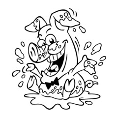 Cute pig with bow tie sitting in mud puddle and splashes, black and white cartoon joke