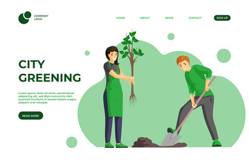 City greening color landing page template. Planting trees, spring gardening works one page website design. Nature care volunteering, eco friendly lifestyle homepage cartoon template with characters