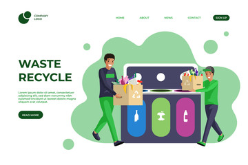 Trash sorting flat landing page template. Waste management, garbage reducing, segregation and recycling one page website design. Eco friendly, sustainable lifestyle homepage cartoon layout