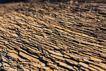 layered rock under the bright rays of the sun with fallen leaves in the shade