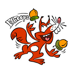 Cute squirrel juggles with two hazelnuts, color cartoon