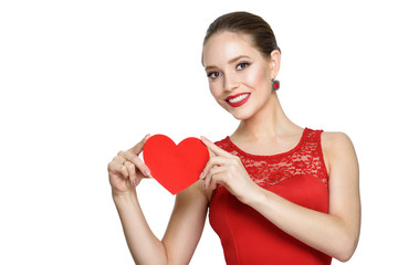 Beauty girl with a red paper heart, isolated on a white background