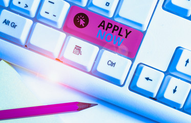 Conceptual hand writing showing Apply Now. Concept meaning An act of a demonstrating to acquire the...