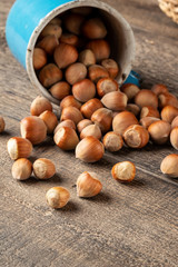 Hazelnuts on a table with copy space