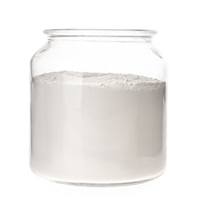 Organic flour in glass jar isolated on white