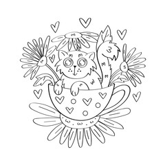 Cat in cup with flowers and hearts. Cute vector hand drawn doodle vector illustration, coloring page. Spring, summer mood. Funny animal children art. Little kitten art. Isolated on white background.