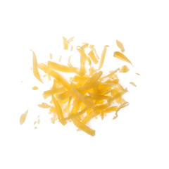 Pile of grated cheese on white background