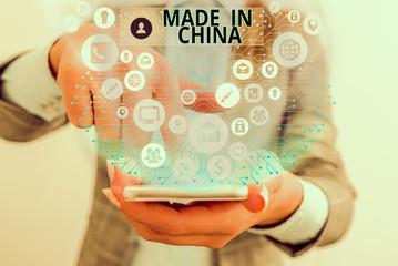 Writing note showing Made In China. Business concept for Wholesale Industry Marketplace Global...