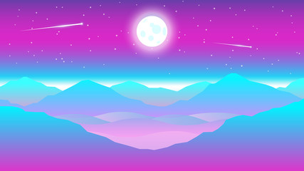 Night view of mountains in fog with horizon line. Vector banner with polygonal landscape illustration. Flat design. Natural wallpapers are a minimalist. Sky background.