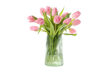 Vase with bouquet of pink tulips isolated on white background