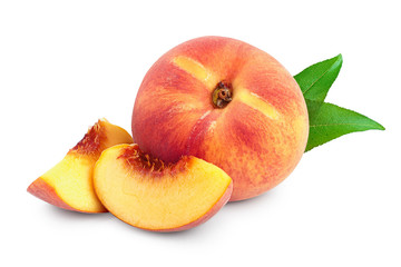 Ripe peach fruit and slice with leaf isolated on white background