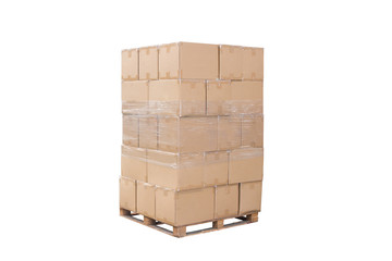 Brown boxes on wood pallet, white background with clipping path