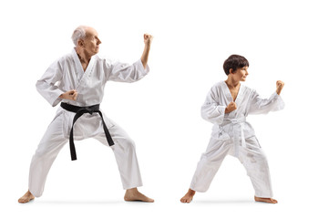 Boy and a senior man in kimonos practicing karate