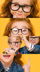 collage of children in eyeglasses grimacing and showing different emotions isolated on yellow