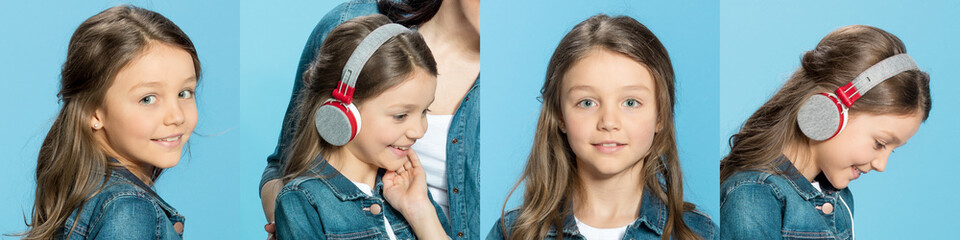 collage of smiling child listening music in headphones isolated on blue