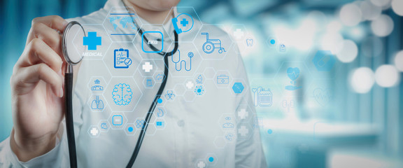 Health care and medical technology services concept with cinematography screen and AR...