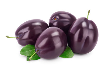 fresh purple plum with leaves isolated on white background with clipping path and full depth of field