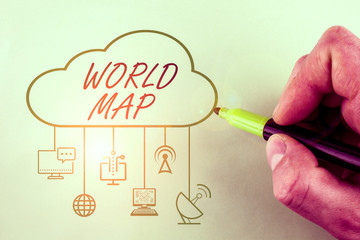 Conceptual hand writing showing World Map. Concept meaning a diagrammatic representation of the...