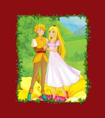 cartoon scene with prince and princess on the meadow illustration