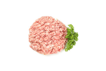 Tasty minced meat and curly parsley isolated on white background