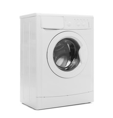 Modern washing machine isolated on white. Laundry day