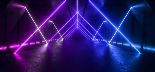 Neon Glowing Fluorescent Blue Purple Triangle Laser Lights Stage Stadium Studio Hallway Tunnel Corridor Concrete Grunge Alien Modern Empty Futuristic Sci Fi 3D Rendering