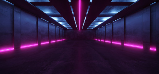 Neon Glowing Fluorescent Blue Purple  Laser Lights Stage Stadium Studio Hallway Tunnel Corridor Concrete Grunge Alien Modern Empty Futuristic Sci Fi 3D Rendering