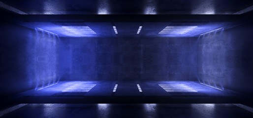 Naklejka premium Sci Fi Futuristic Alien Spaceship Neon Blue Violet Glowing Dark Cold Concrete Grunge Hall Garage Underground Stage Studio Background 3D Rendering