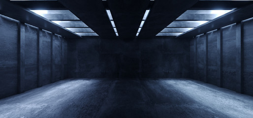 Sci Fi Alien Spaceship Blue Glowing Dark Cold Concrete Grunge Hall Garage Underground Stage Studio Background 3D Rendering