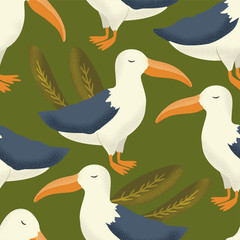 Vector textured albatross animal seamless pattern in a flat style. Romantic wild albatros bird couple hand drawn illustration.