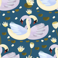 Vector textured white swan animal seamless pattern in a flat style. Romantic bird couple in love. Hand drawn illustration with water lily in the lake and swans.