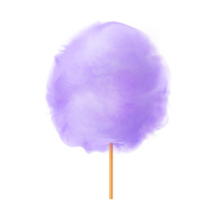 Cotton candy. Realistic purple cotton candy on wooden stick. Summer tasty and sweet snack for children in parks and food festivals. 3d vector realistic illustration isolated on white background