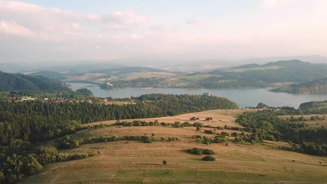 Panorama aerial View of Czorsztyn Lake and Beskids hills, reservoir on Dunajec river in Tatras mountains, lesser Poland