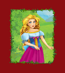Obraz na płótnie Canvas cartoon scene with princess queen on the meadow