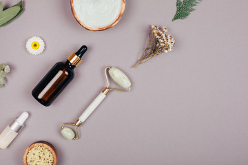 Cosmetics and natural ingredients for healthy skin and face. Pattern. Flat lay style.
