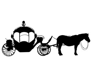 Horses harnessed to a beautiful old carriage. Isolated silhouette on a white background