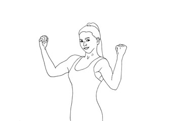  Strong woman. Feminism, sport, fitness. Hand drawn isolated on white background. Black and white ector illustration. 