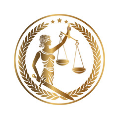 Lady justice, Themis, with sword and scales. Logo or emblem design for Law firm, Lawyer service, Law office. Personification of order, fairness, law, fair trial, rule, statute. Vector illustration. 