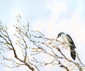 Watercolor landscape. Old bare tree