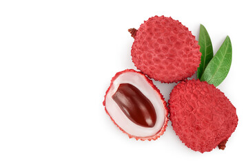lychee fruit isolated on white background with clipping path and full depth of field. Top view. Flat lay with copy space for your text