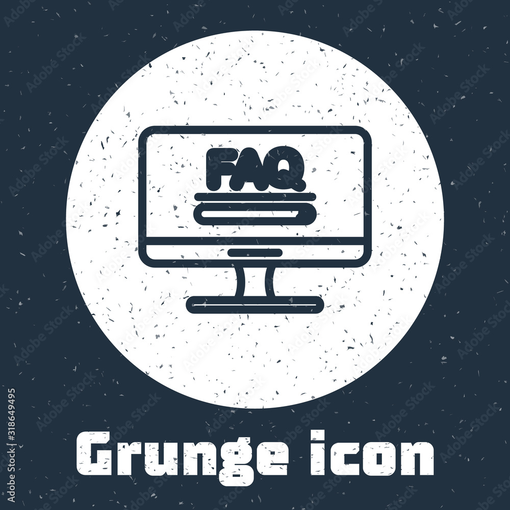 Poster grunge line computer monitor with text faq information icon isolated on grey background. frequently 